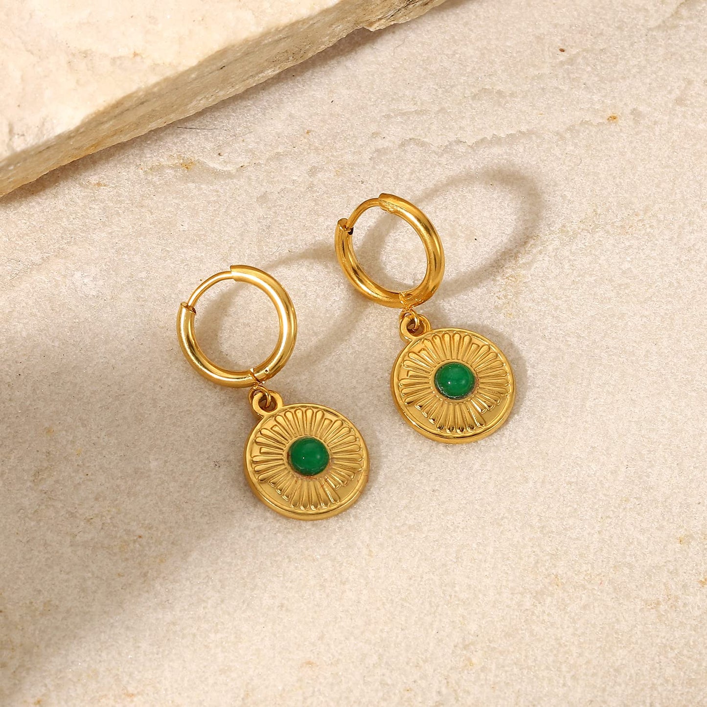 18K Disc Dangle Hoop Earrings