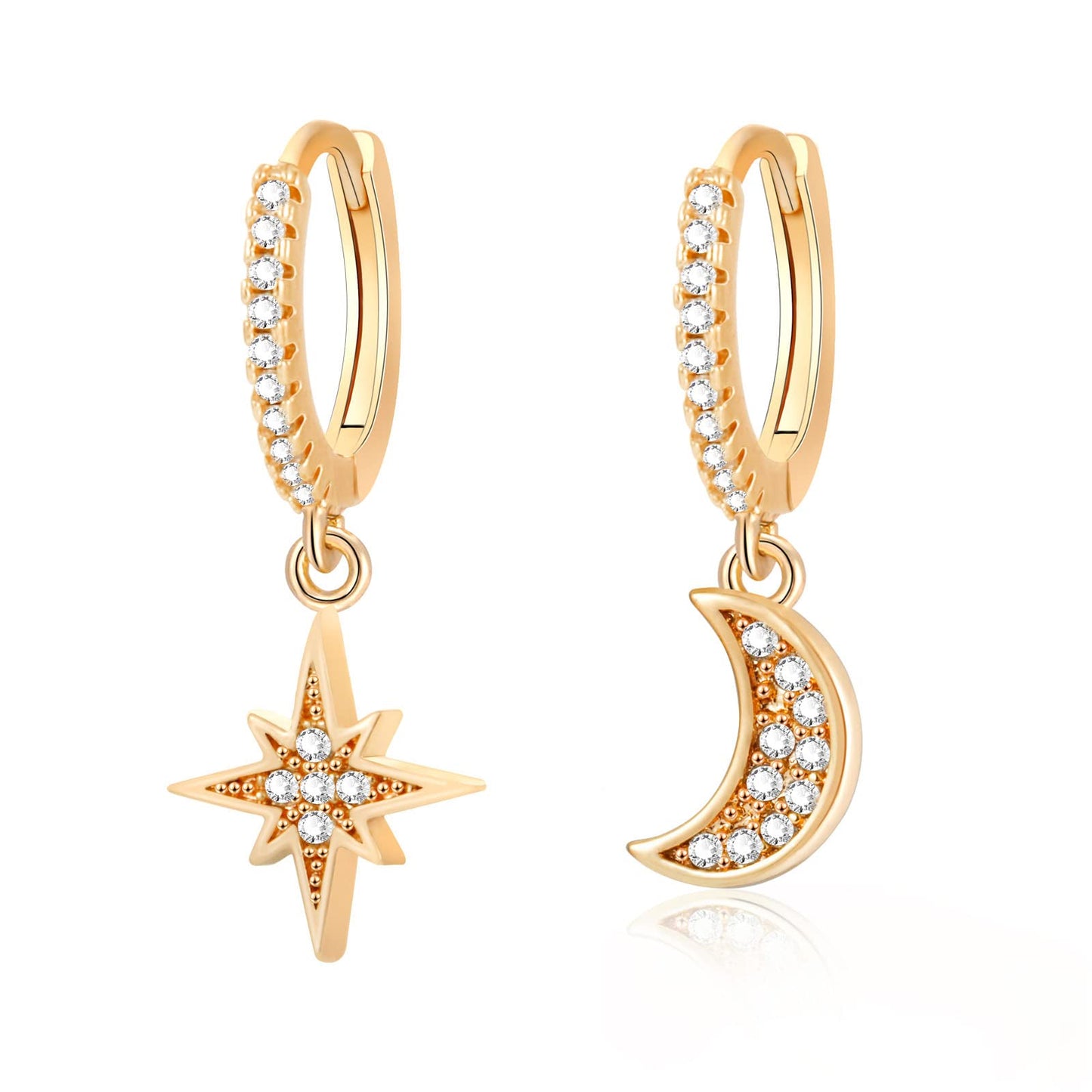 18K CZ Star Moon Dangle Hoop Earrings