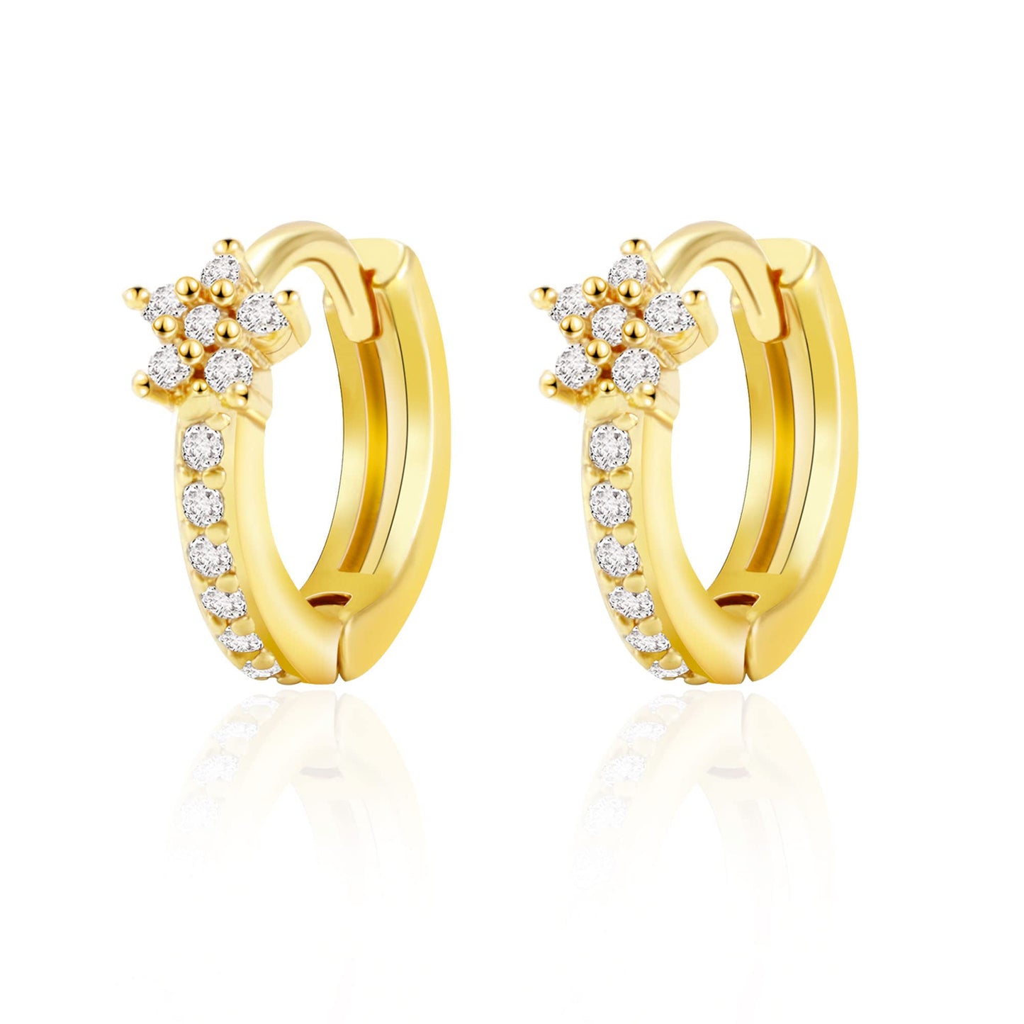 18K Gold Flower-CZ Huggie Earrings