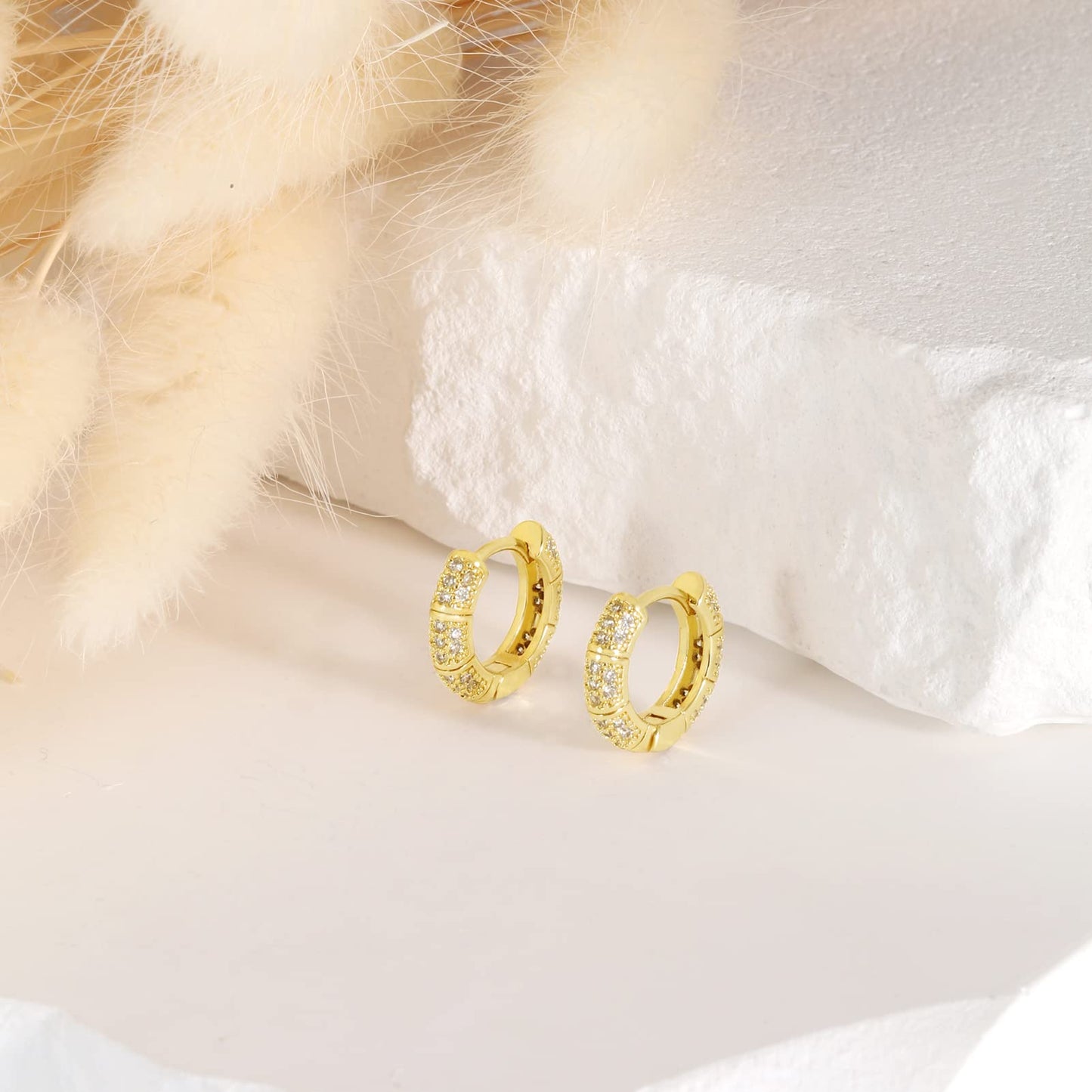 18K Gold CZ Round Huggie Earrings